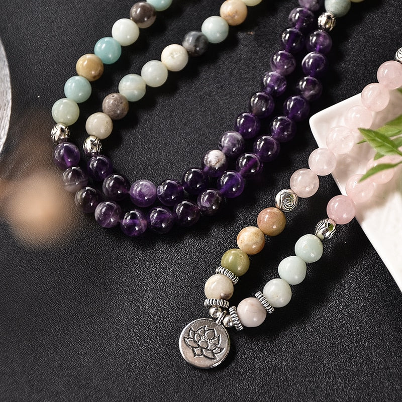 108 Bead Mala Handmade w/ Natural Amethyst, Amazonite & Rose Quartz