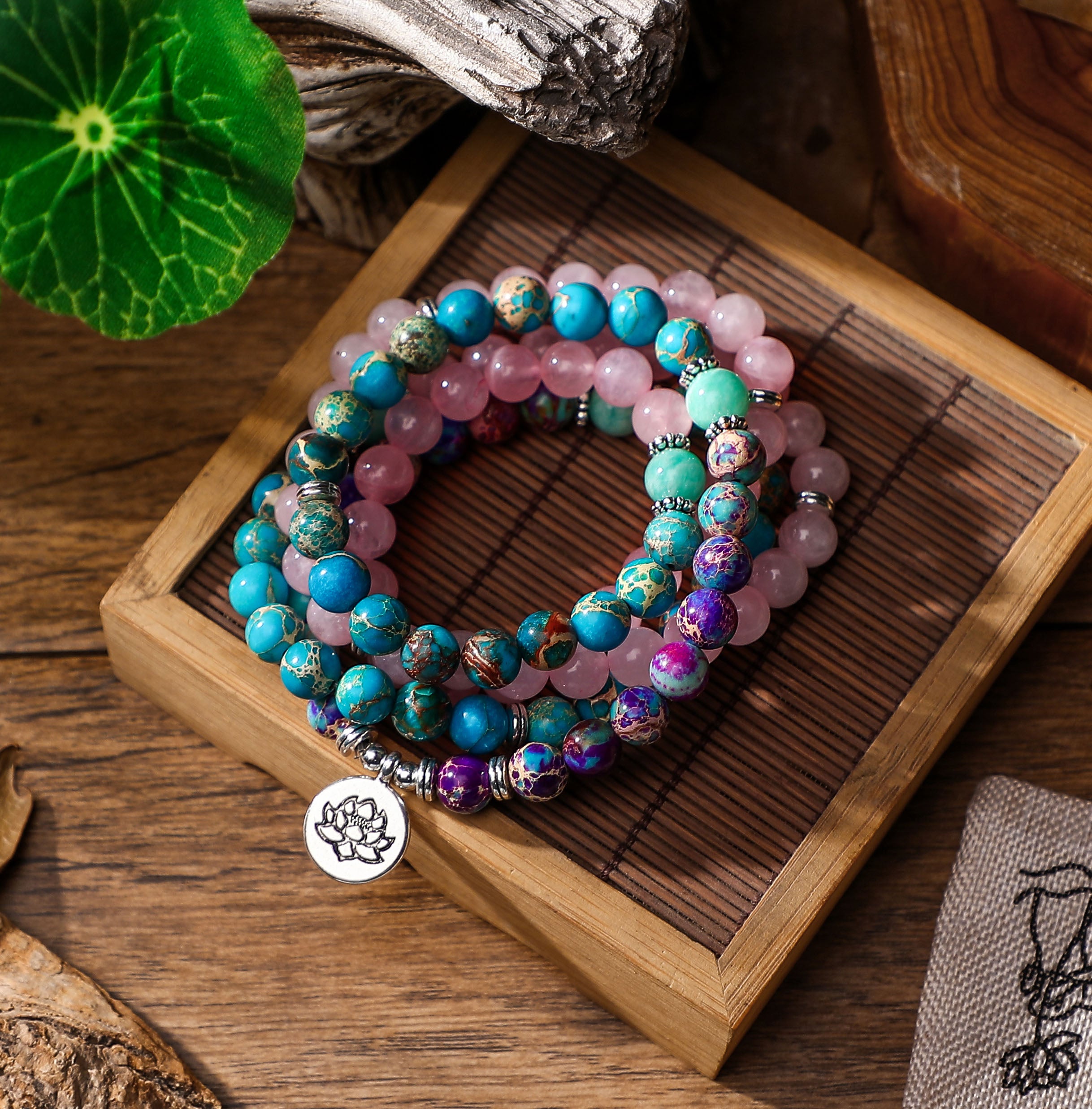 108 Bead Mala Handmade w/ Rose Quartz, Purple Japer, and Turqoise Amazonite