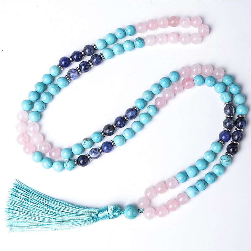 108 Bead Mala Handmade w/ Turquoise, Rose Quartz & Blue Sodalite