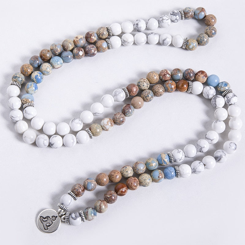 108 Bead Mala Handmade w/ Natural Howlite & Emperor Jasper Stones