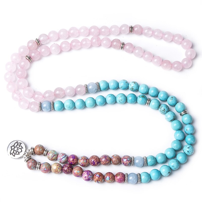 108 Bead Mala Handmade w/ Emperor Jasper, Blue Turquoise & Rose Quartz