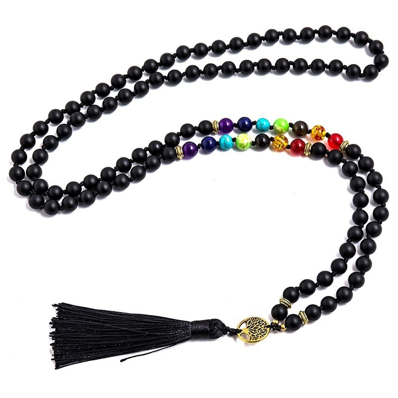 108 Bead Mala Handmade w/ Matte Black Onyx + 7 Chakra Stones