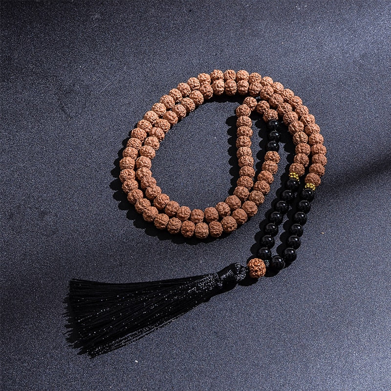 108 Bead Mala Beads Handmade w/ Black Onyx & Natural Rudraksha & Black Tassel