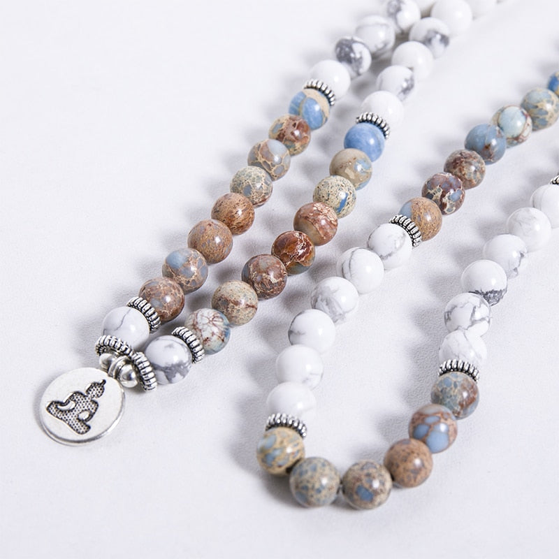 108 Bead Mala Handmade w/ Natural Howlite & Emperor Jasper Stones