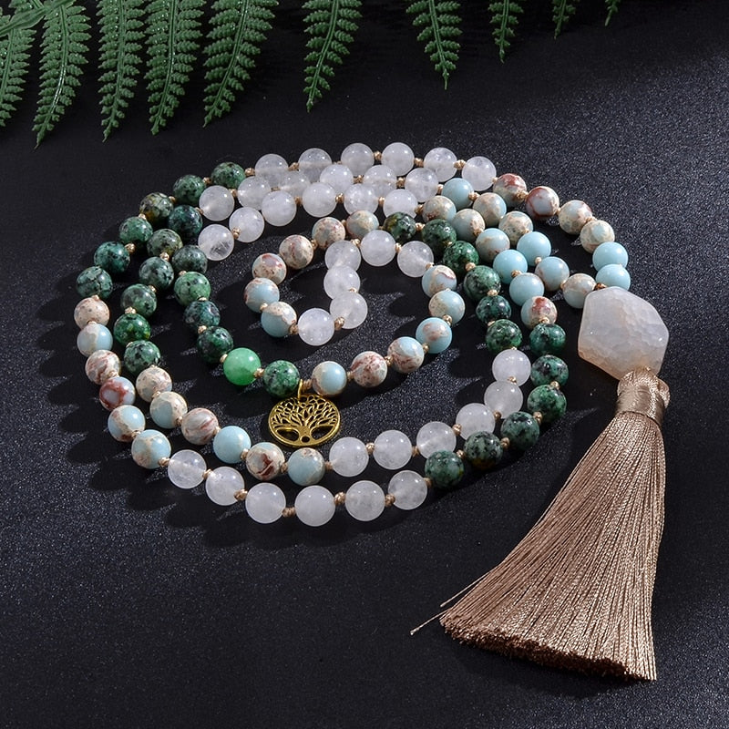 108 Bead Mala Handmade w/ White Jade, African Turquoise & Emperor Jasper Stones