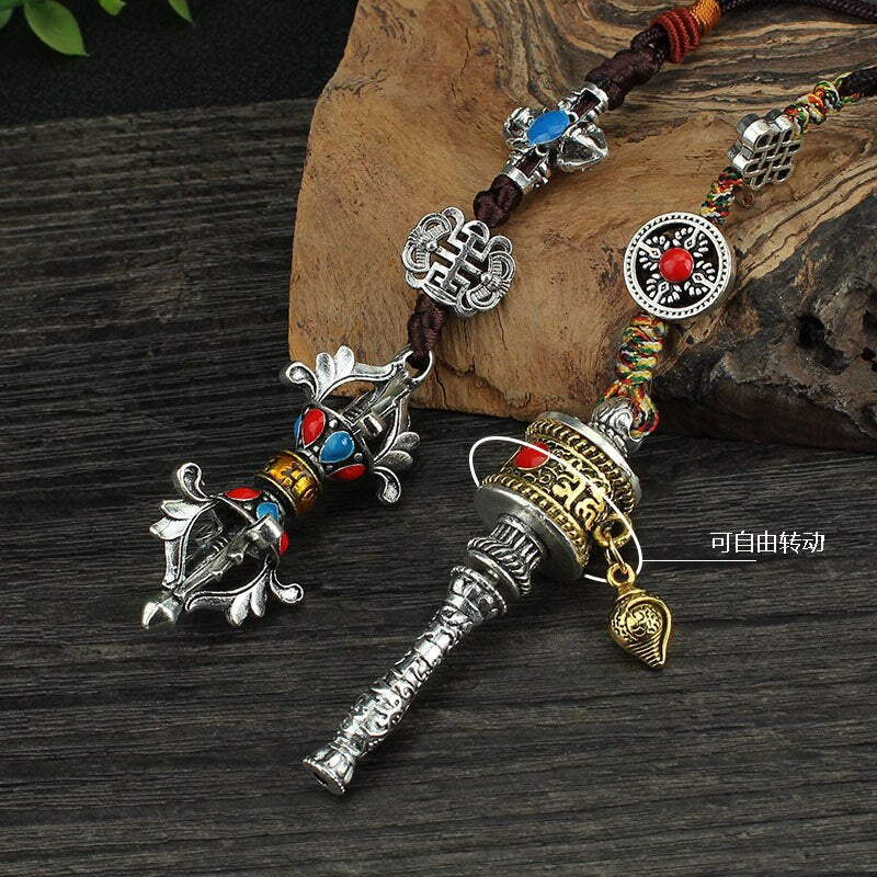 Tibetan Six-Character Mantra Prayer Wheel Pendant & Vajra Keychain