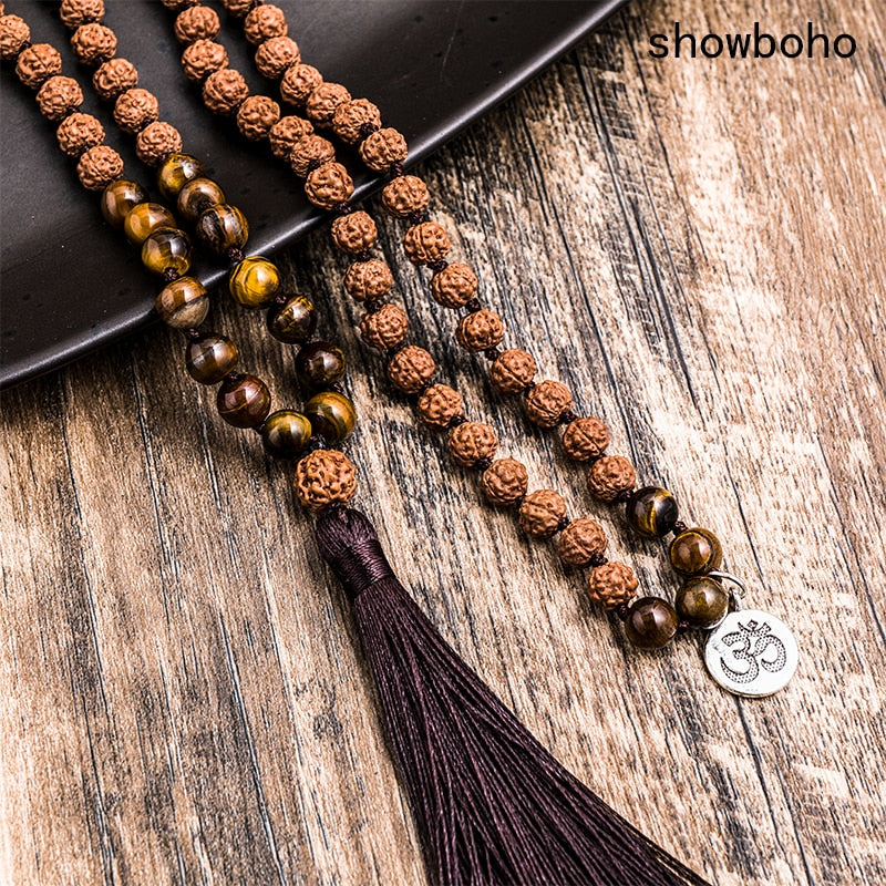 108 Bead Mala Handmade w/ Original Rudraksha & Yellow Tiger Eye Stones