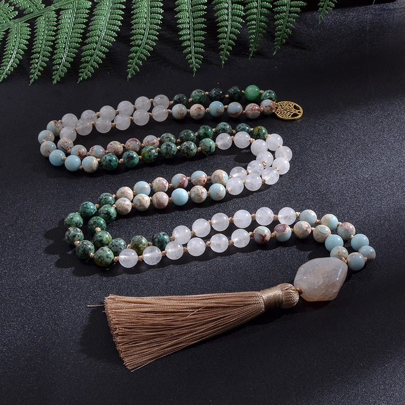 108 Bead Mala Handmade w/ White Jade, African Turquoise & Emperor Jasper Stones