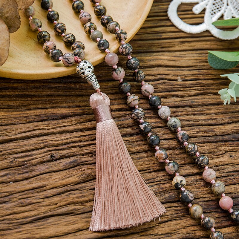 108 Bead Mala Handmade w/ Natural Black Line Rhodochrosite Stones