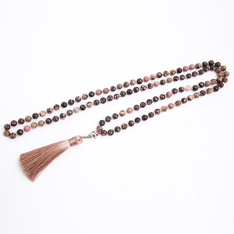 108 Bead Mala Handmade w/ Natural Black Line Rhodochrosite Stones