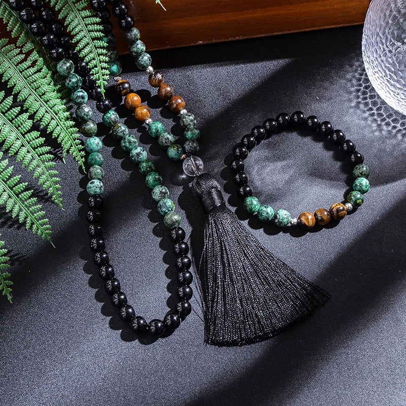 108 Bead Mala Handmade w/ Natural African Turquoise, Black Agate & Yellow Tiger Eye Stones