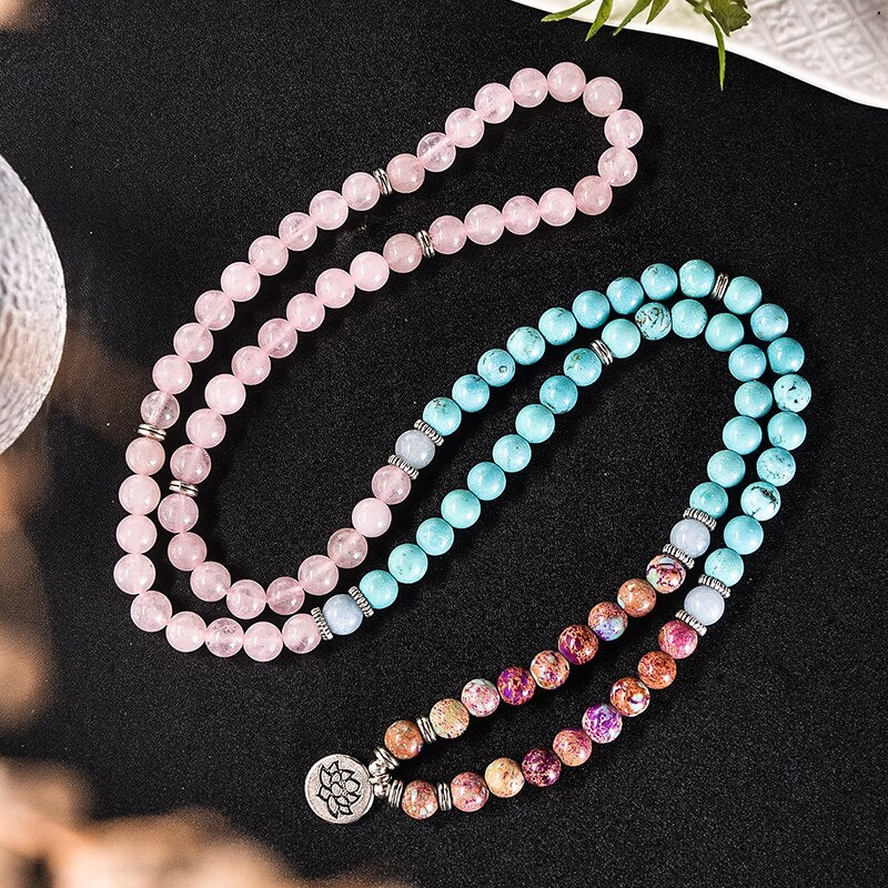 108 Bead Mala Handmade w/ Emperor Jasper, Blue Turquoise & Rose Quartz