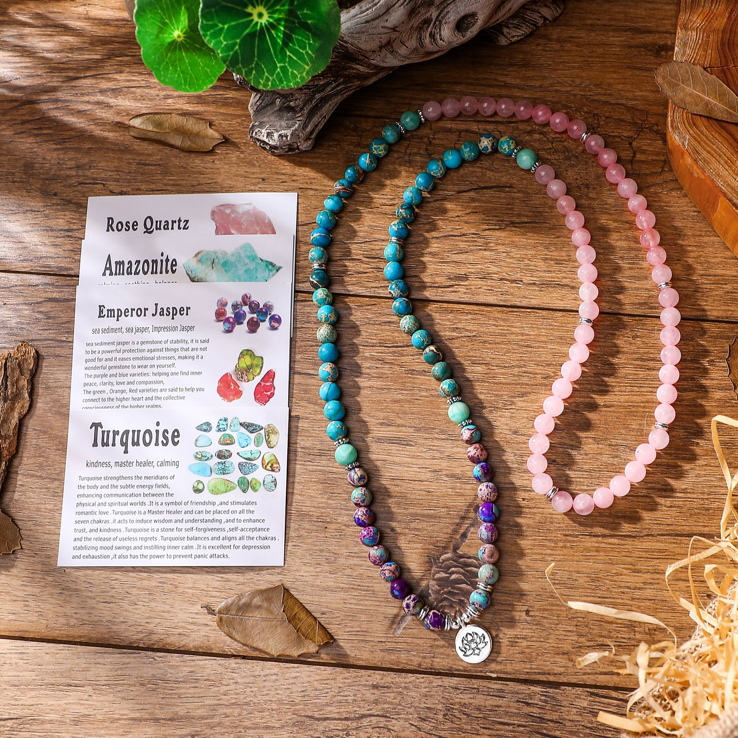 108 Bead Mala Handmade w/ Rose Quartz, Purple Japer, and Turqoise Amazonite