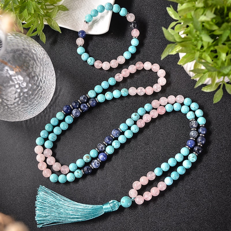 108 Bead Mala Handmade w/ Turquoise, Rose Quartz & Blue Sodalite