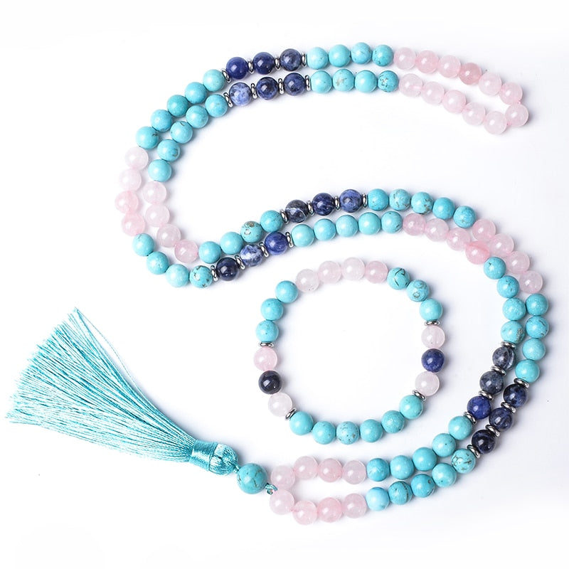 108 Bead Mala Handmade w/ Turquoise, Rose Quartz & Blue Sodalite