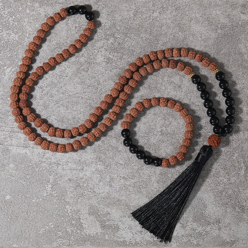 108 Bead Mala Beads Handmade w/ Black Onyx & Natural Rudraksha & Black Tassel