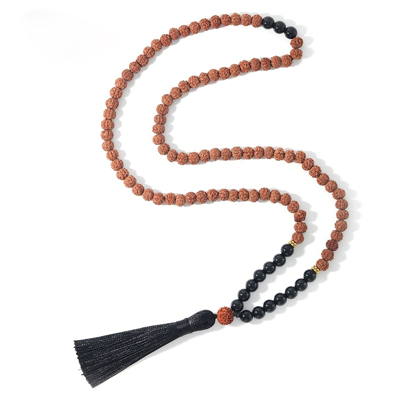 108 Bead Mala Beads Handmade w/ Black Onyx & Natural Rudraksha & Black Tassel