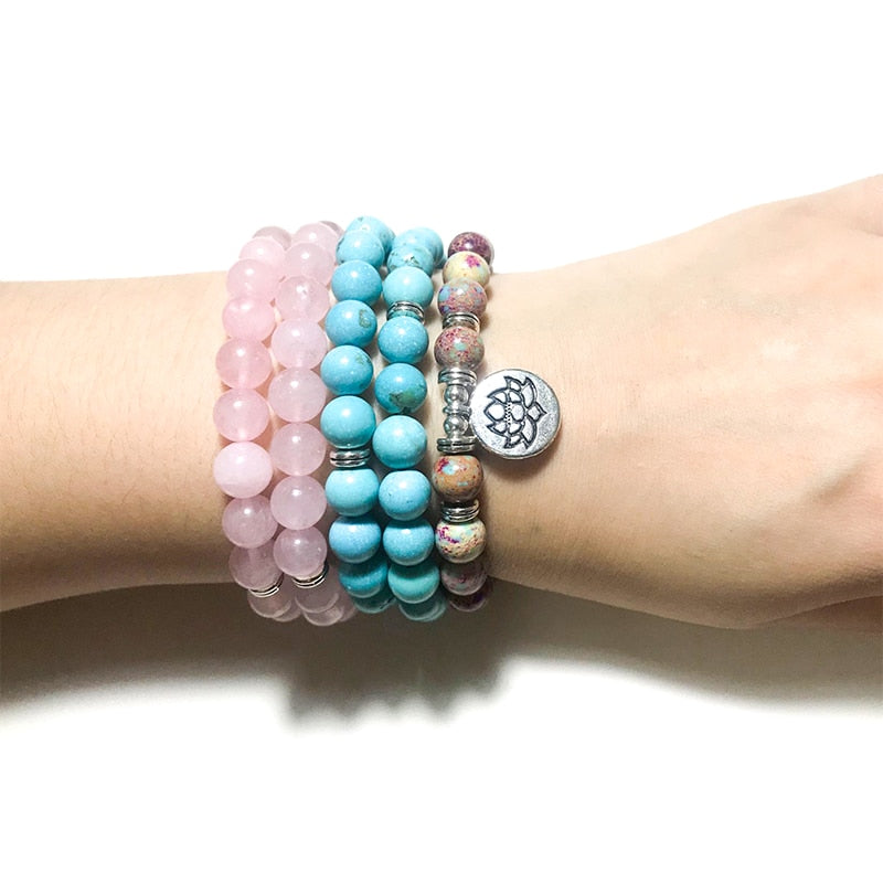 108 Bead Mala Handmade w/ Emperor Jasper, Blue Turquoise & Rose Quartz