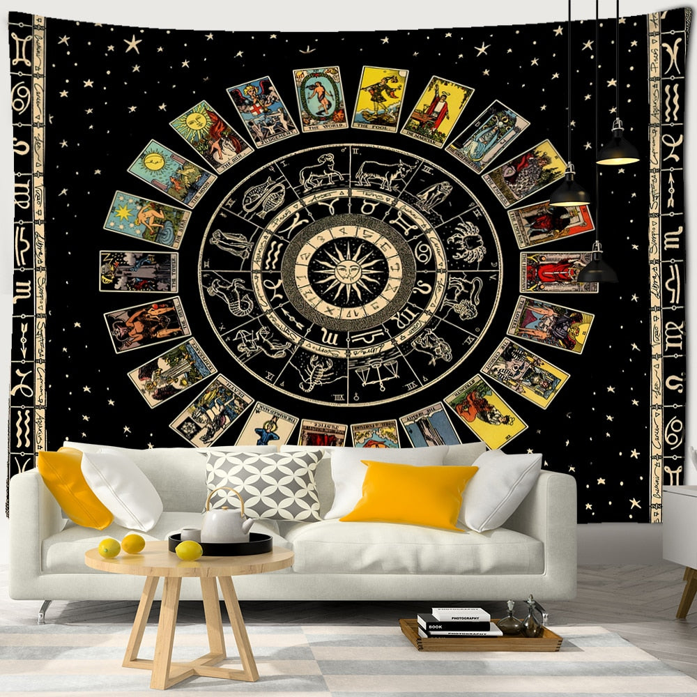 Tarot & Astrology Tapestry in Black Background