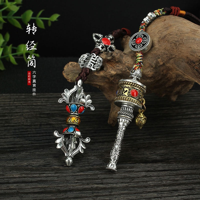 Tibetan Six-Character Mantra Prayer Wheel Pendant & Vajra Keychain