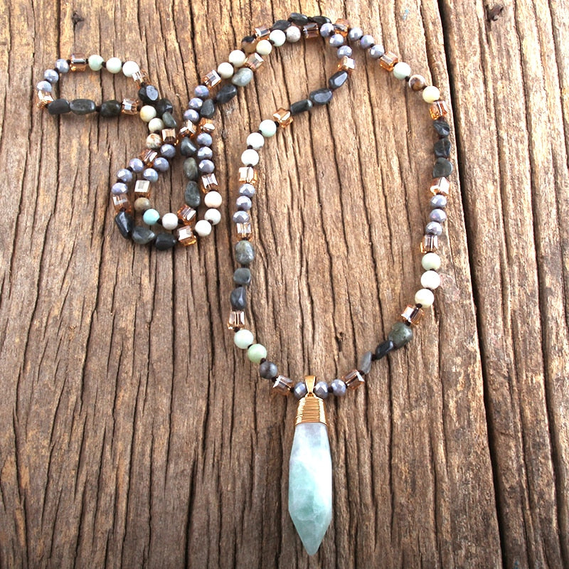 Natural Stone & Crystal Pendant Beaded Necklace