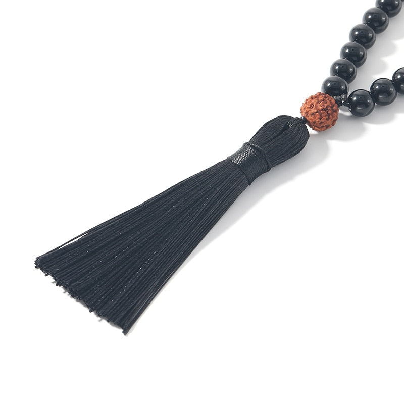 108 Bead Mala Beads Handmade w/ Black Onyx & Natural Rudraksha & Black Tassel