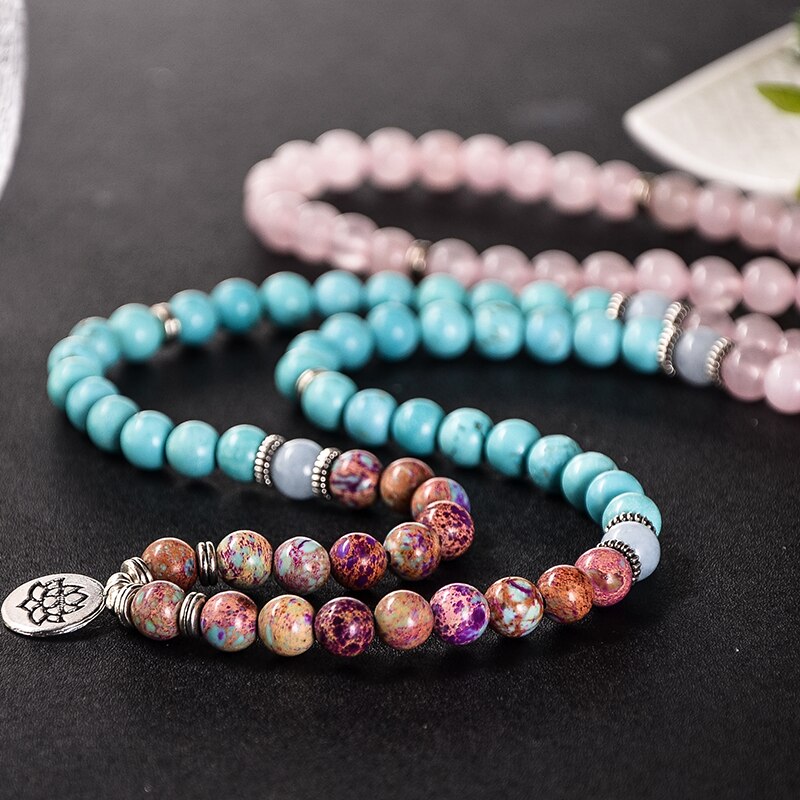 108 Bead Mala Handmade w/ Emperor Jasper, Blue Turquoise & Rose Quartz