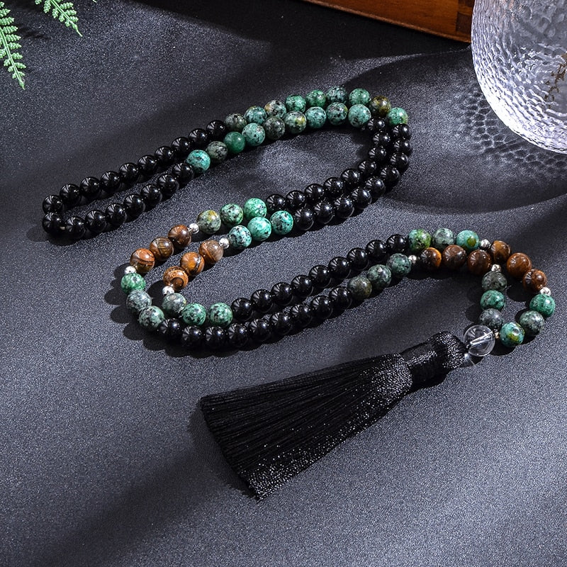 108 Bead Mala Handmade w/ Natural African Turquoise, Black Agate & Yellow Tiger Eye Stones