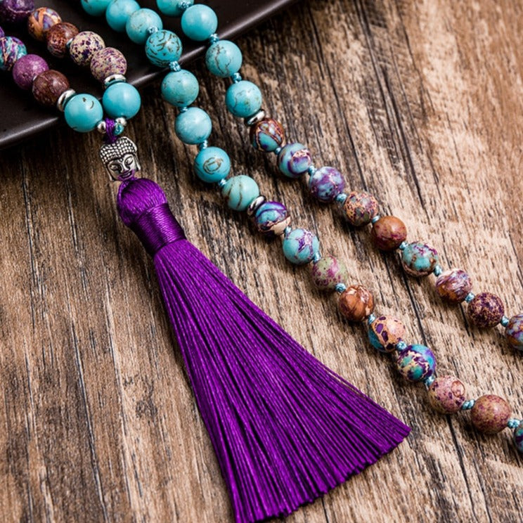 108 Bead Mala Handmade w/ Natural Turquoise, Violet & Imperial Jasper Stones