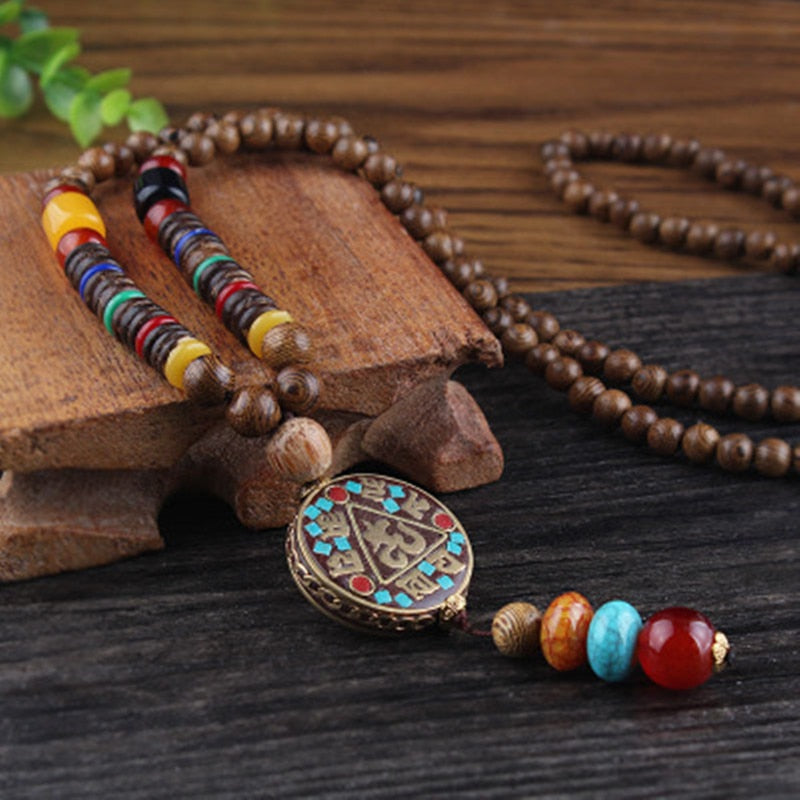 Tibetan Buddhist Handmade Mala w/ Wood Beaded Pendant