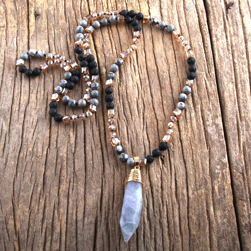 Natural Stone & Crystal Pendant Beaded Necklace