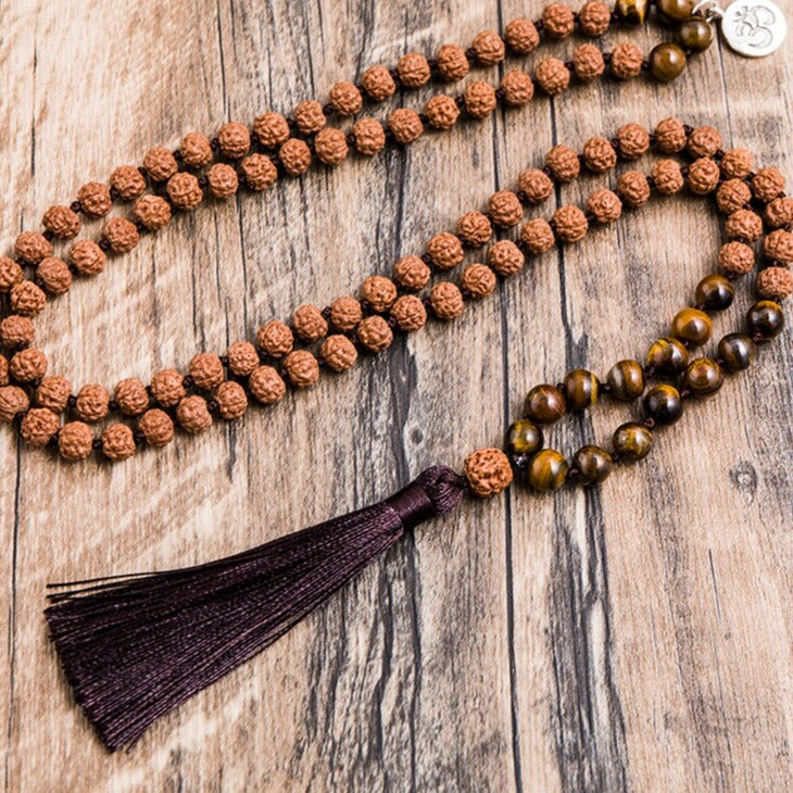 108 Bead Mala Handmade w/ Original Rudraksha & Yellow Tiger Eye Stones