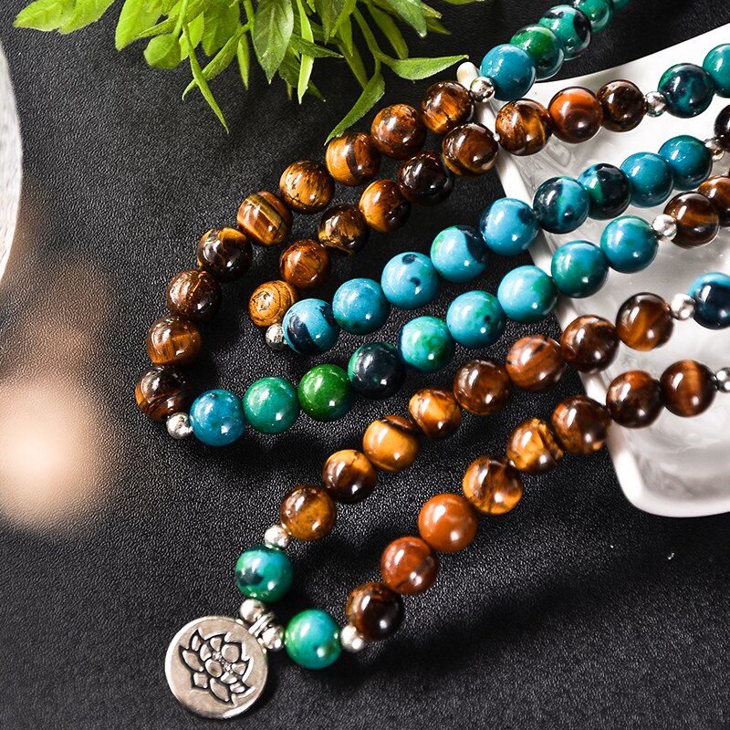 108 Bead Mala Natural Yellow Tiger Eye & Phoenix Stone