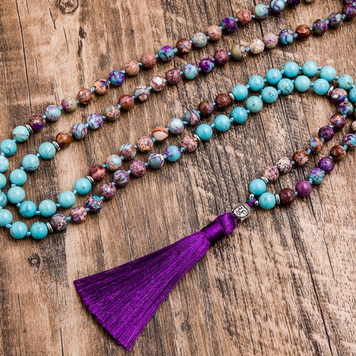 108 Bead Mala Handmade w/ Natural Turquoise, Violet & Imperial Jasper Stones