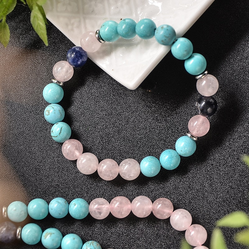 108 Bead Mala Handmade w/ Turquoise, Rose Quartz & Blue Sodalite