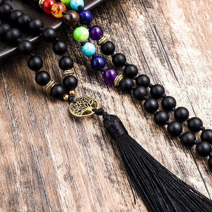 108 Bead Mala Handmade w/ Matte Black Onyx + 7 Chakra Stones