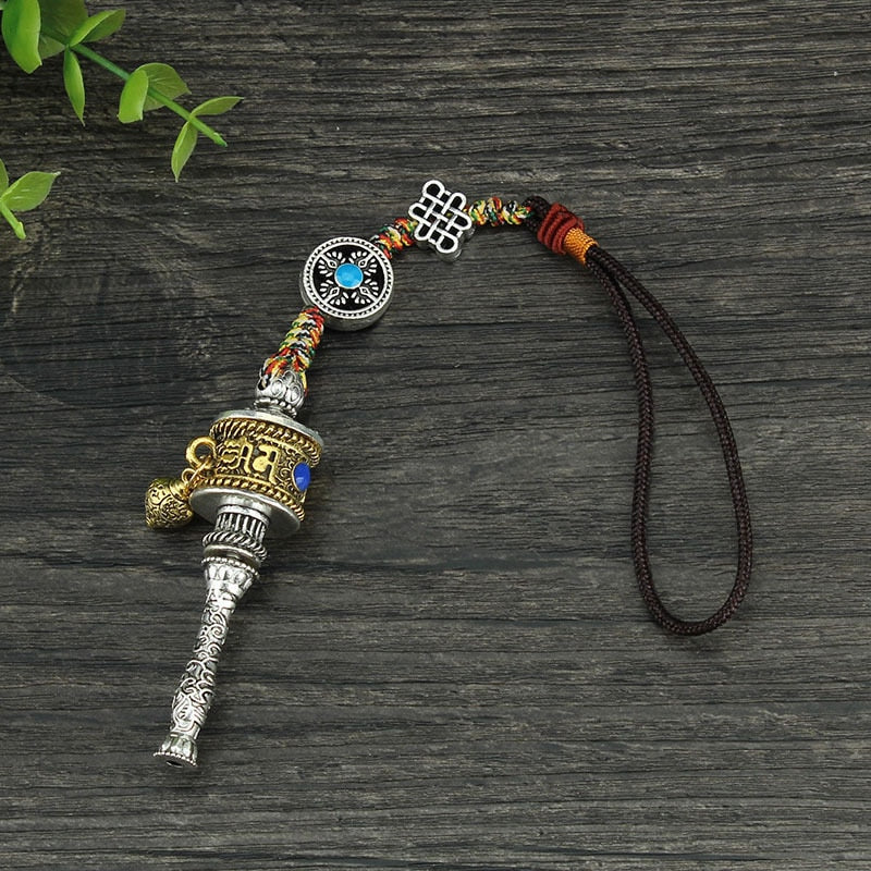 Tibetan Six-Character Mantra Prayer Wheel Pendant & Vajra Keychain