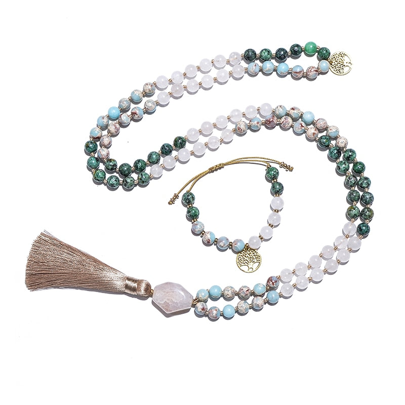 108 Bead Mala Handmade w/ White Jade, African Turquoise & Emperor Jasper Stones