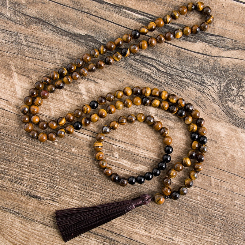 108 Bead Mala Handmade w/ Natural Yellow Tiger Eyes & Black Onyx