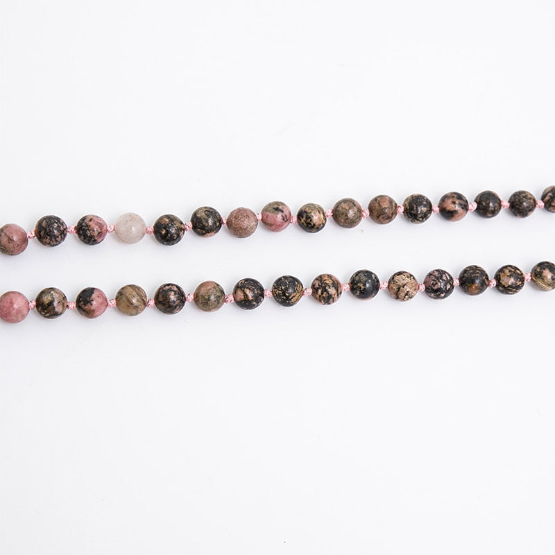 108 Bead Mala Handmade w/ Natural Black Line Rhodochrosite Stones