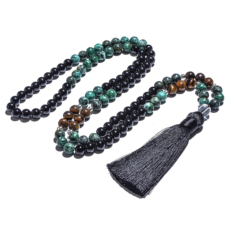 108 Bead Mala Handmade w/ Natural African Turquoise, Black Agate & Yellow Tiger Eye Stones