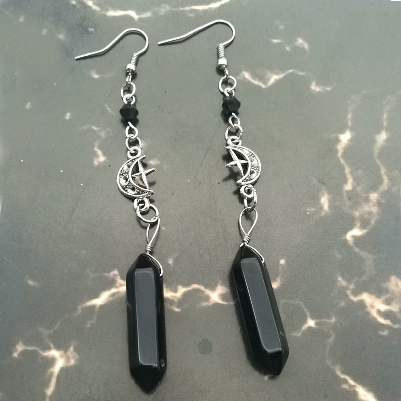 Crescent Moon w/ Black Quartz Dangling Earrings