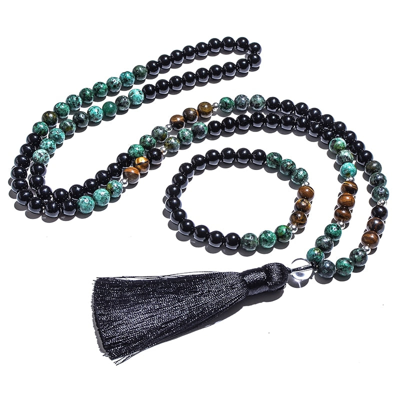 108 Bead Mala Handmade w/ Natural African Turquoise, Black Agate & Yellow Tiger Eye Stones