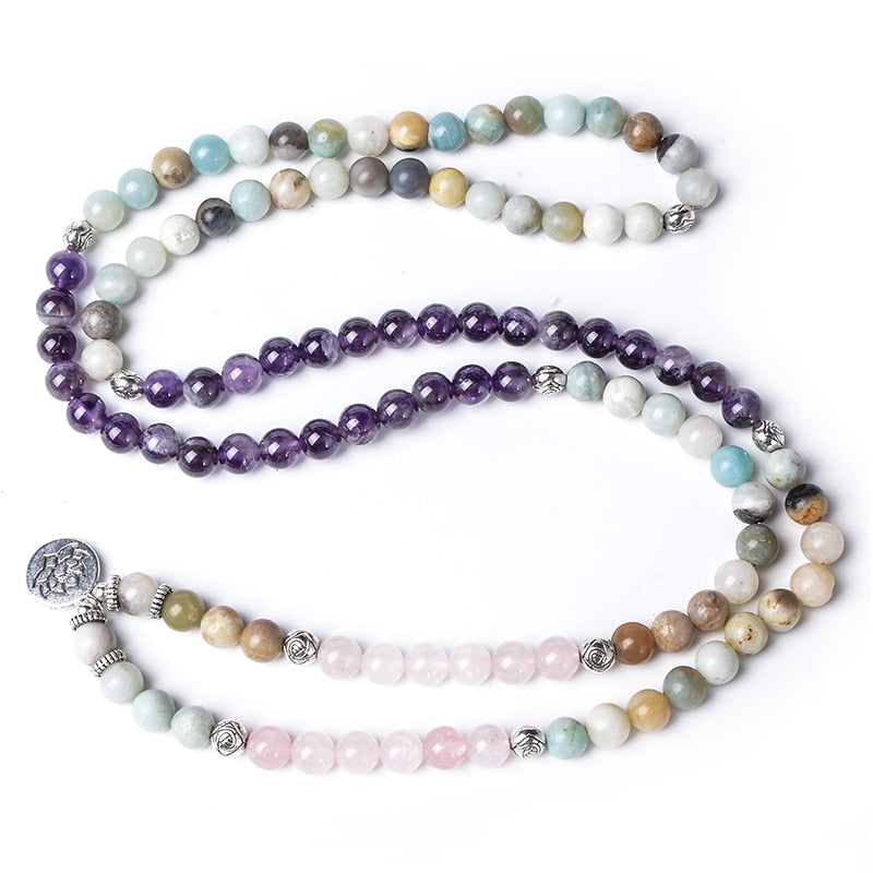 108 Bead Mala Handmade w/ Natural Amethyst, Amazonite & Rose Quartz