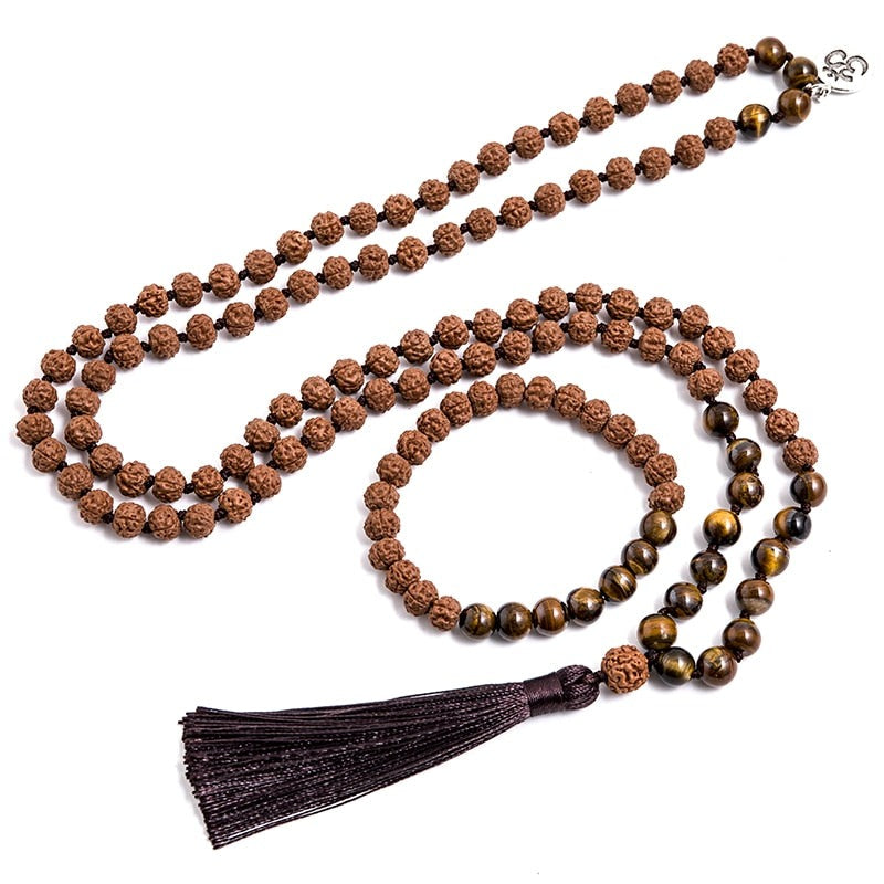 108 Bead Mala Handmade w/ Original Rudraksha & Yellow Tiger Eye Stones