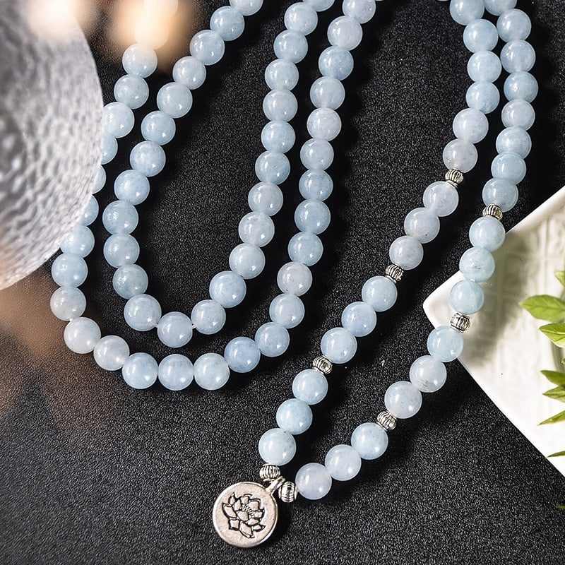 108 Bead Mala Handmade w/ Natural Aquamarine