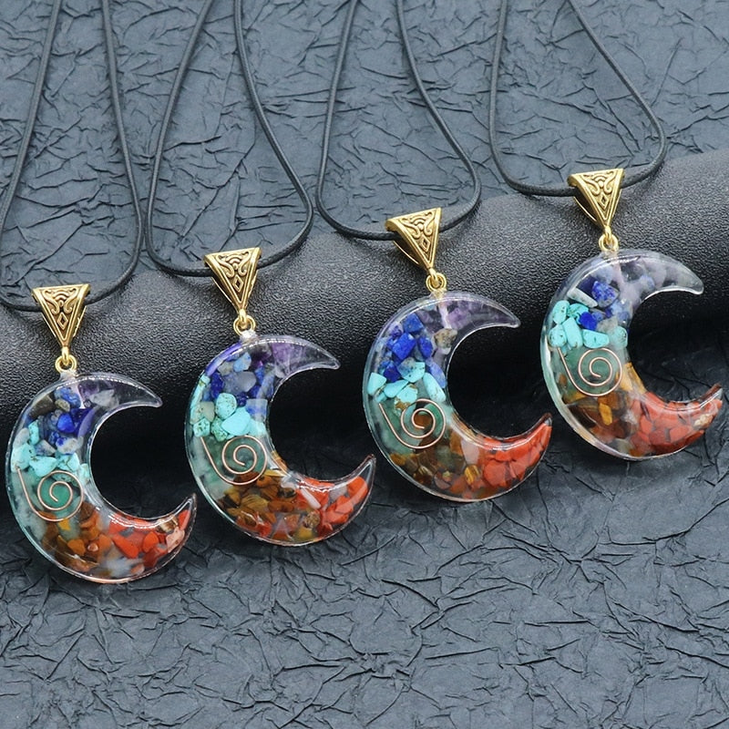 7 Chakras Crescent Moon Crystal Pendant Necklace