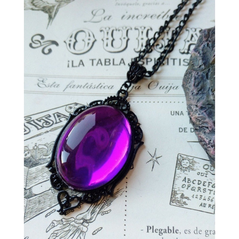 Oval Embossed Crystal Glass Pendant Necklace