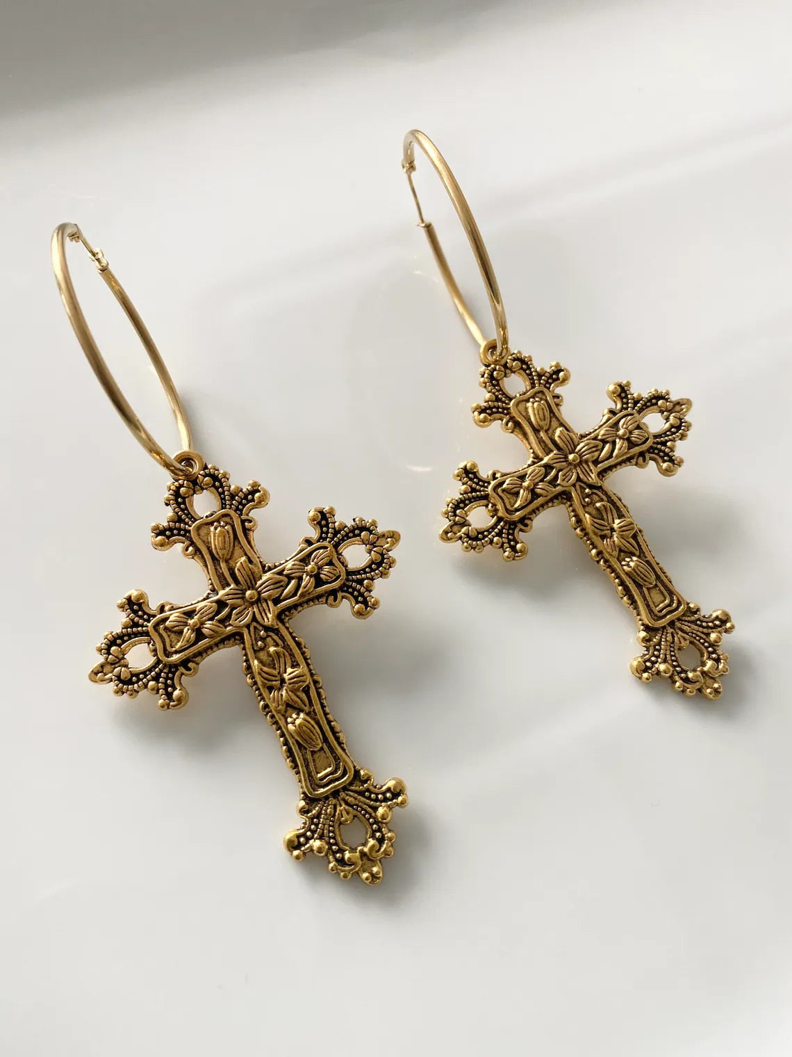 Large Antique Gothic Cross Hoop Earrings