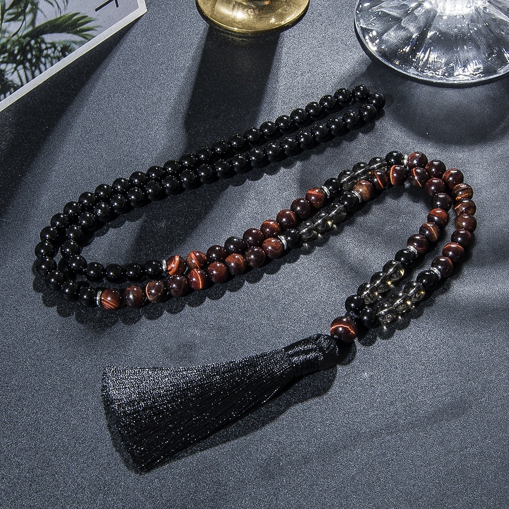 108 Bead Mala Handmade w/ Natural Red Tiger Eye & Black Onyx Stones